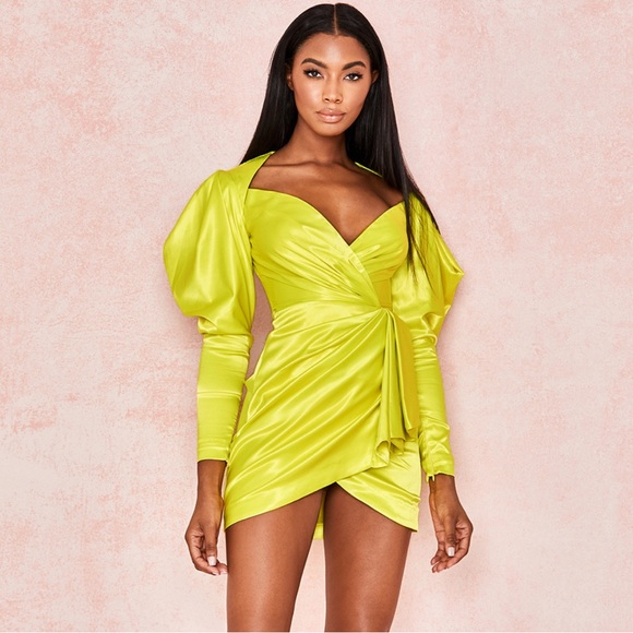 House of CB Marionella Lime Green Yellow Long Sleeve Drape Mini Dress - Picture 2 of 12